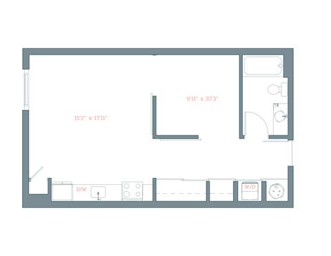 Floor plan for studio, 1 bath, 610 sqft